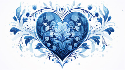 blue shape winter heart made of crystals and snowflakes isolated on a white background, seasonal frosty background love