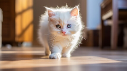 cute cat in the rays of sunlight in the interior of a cozy apartment, spring sunny mood