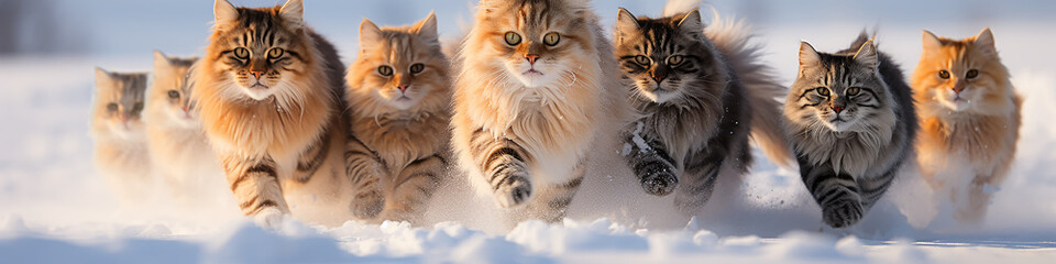 group of cats long narrow panoramic view in a dynamic pose running through fluffy snow, the onset of winter, December christmas nature