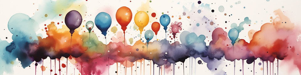 festive watercolor background children's holiday decoration with colorful balloons, long narrow panoramic view