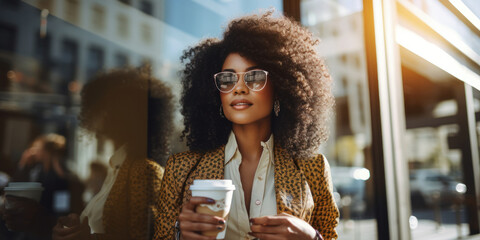 A stylish African-American business woman with a cup of coffee stands on the street near the window of a business center. - obrazy, fototapety, plakaty