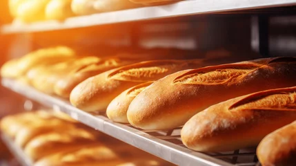 Photo sur Aluminium Boulangerie Fresh baguette with golden crust on store shelves with sunlight. Bakery banner concept. 