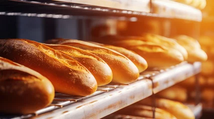 Foto auf Acrylglas Bäckerei Fresh baguette with golden crust on store shelves with sunlight. Bakery banner concept. 