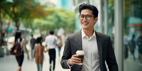 A stylish Asian business man with a cup of coffee walks down the street near the window of a business center. - Powered by Adobe