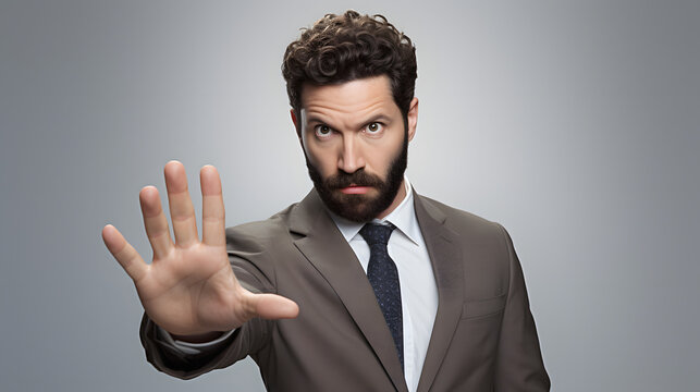 male business man making a stop hand gesture with serious face on gray background.