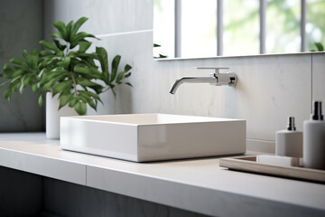 Stylish sink on a light countertop in a modern bathroom. 