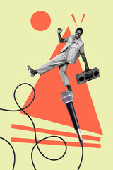 Vertical vintage photo collage of funky guy have fun stand on big microphone boombox dance music sing karaoke club on creative background