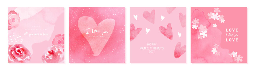 Set of beautiful valentine's day cards with watercolor texture.Vector illustration for postcards,posters, coupons, promotional material