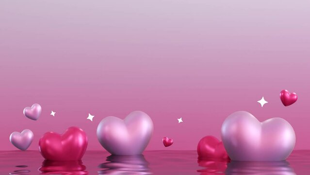 Pink animated background with shiny hearts, stars, water and copy space. Valentine's Day, Woman's, Mothers Day backdrop. Empty space for text. Y2k Valentine gradient. 3D motion graphic.