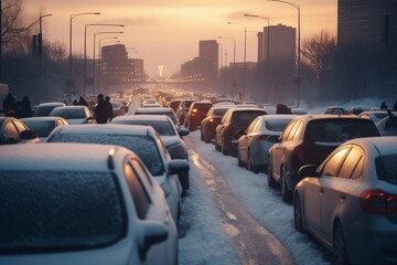 Long traffic jam on city street in winter time because of accident. Cars stand one by one waiting to move forward on road returning home