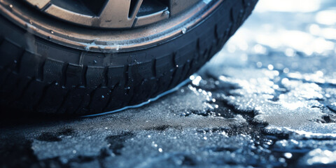Close-up of a car wheel in winter with ice and snow on the road.