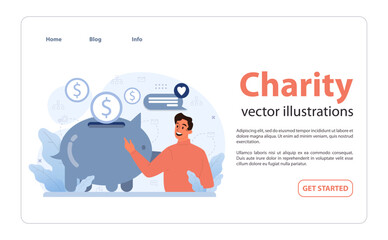 Charity and charitable foundation web banner or landing page. Help for people in need. Humanitarian aid, donations, non-governmental, nonprofit organizations support. Flat vector illustration