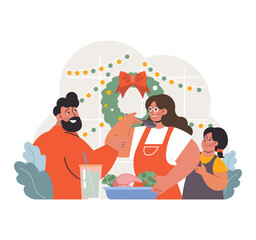 Characters celebrate Christmas and new year. Family members, mother, father and daughter cooking festive dinner on winter holiday, winter holidays tradition. Flat vector illustration