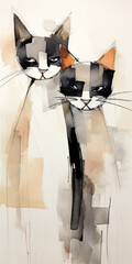 Watercolor paint style two cats on a beige background. Vertical simple animal portrait.