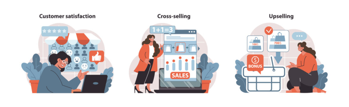 Customer Journey set. Dynamic depictions of customer satisfaction, cross-selling tactics, and upselling opportunities. Effective sales growth strategies. Flat vector illustration.