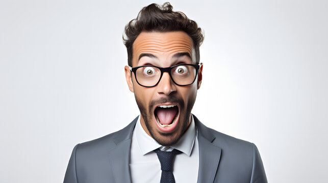 a man in suit, wearing glasses, looking surprised funny face with his mouth open, with blank white background.