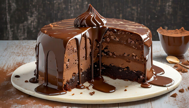 Close-up of a delicious looking half-cut decadent chocolate cake