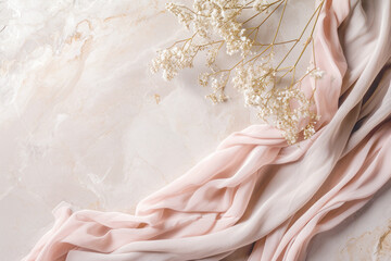 luxury flowers and fabric, pink pastel on marble background