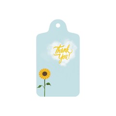 isolated image of label, tag, card with sunflower flower head with leaves, cloud, sky and thank you. 