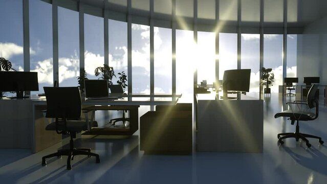 Interior of a business office on a bright sunny day, 3D animation