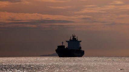 Seascape and silhouette container ship floating in sea
