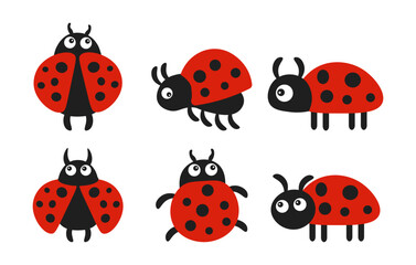Set of cute cartoon ladybugs on a white background. Baby stickers, icons, decor elements, vector