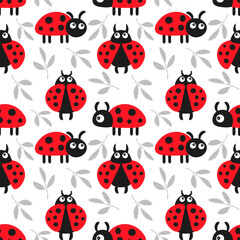 Seamless pattern, cute cartoon ladybugs on a white background. Baby background, print, textile, vector