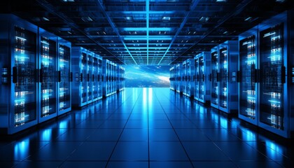 Obraz premium Modern data center with organized state of the art server racks emitting soft blue glow