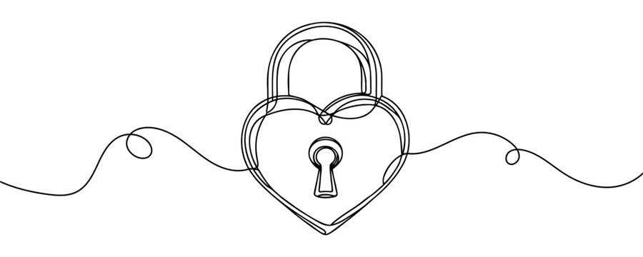 single line drawing of a heart-shaped security lock with a key hole. Vector illustration.