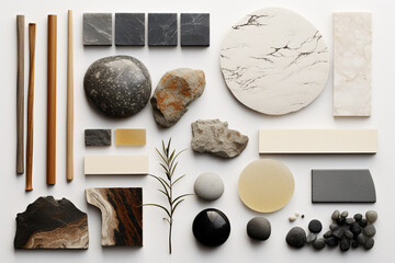 Nature, graphic resources concept. Top view of various stones and nature objects on bright background with copy space