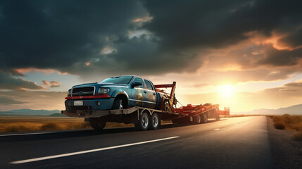 Generic unidentifiable car loaded on a towing - obrazy, fototapety, plakaty