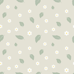 Seamless pattern, small daisy flowers and scattered leaves on a light background. Background, textile, vector