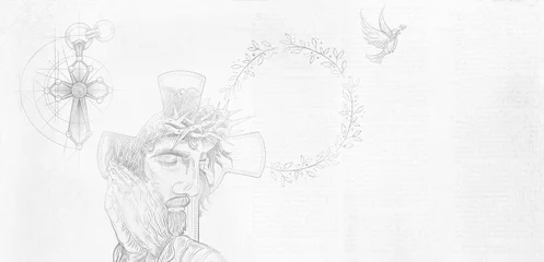 Fotobehang Illustration christian imagery. Hand drawing. Jesus Face on the cross. Christian or Catholic jesus christ on a grey background.  © Artem