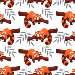 Seamless pattern, funny tired raccoons are sleeping on a tree. Cartoon background, baby wallpaper, vector