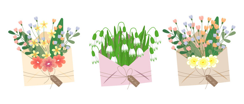 Set of envelopes with flowers, gift icons. Spring illustration, greeting icons, vector