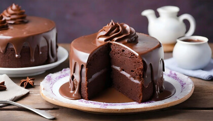 delicious looking decadent chocolate cake with one slice removed