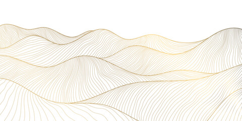 Vector line japanese art, mountains background, landscape dessert texture, wave pattern illustration. Golden minimalist drawing. - obrazy, fototapety, plakaty