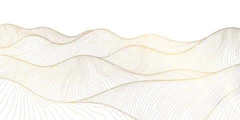 Poster Vector line japanese art, mountains background, landscape dessert texture, wave pattern illustration. Golden minimalist drawing. © marylia17