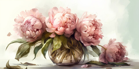 Bouquet of peonies in a vase on light background, still life, watercolor painting
