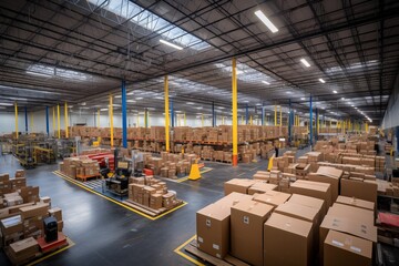 Efficient conveyor system in a busy warehouse, smoothly transporting cardboard box packages