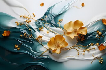 AI 3d illustration of abstract blue background with gold flowers and splashes