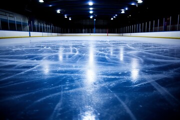 Captivating scene brilliantly lit professional hockey rink shining in a darkened arena - obrazy, fototapety, plakaty