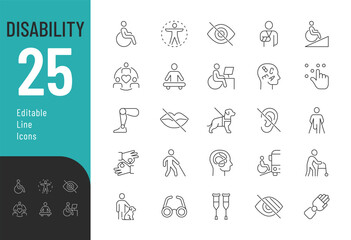 Disability Line Editable Icons set. Vector illustration in modern thin line style of  handicap related icons: features of physical and mental development, assistive devices, inclusivity, and more. - obrazy, fototapety, plakaty