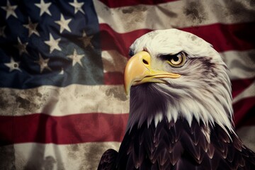 Majestic american bald eagle perched on weathered grunge flag with patriotic symbolism