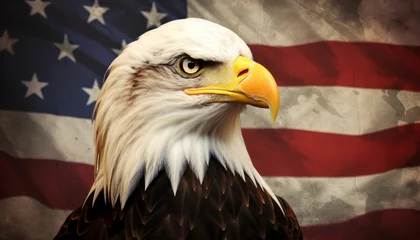 Foto auf Alu-Dibond Majestic american bald eagle displaying its regal stature on a worn and weathered united states flag © Ilja