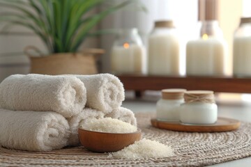 Spa day relaxation scene, natural tones, Spa day essentials for a serene self-care experience, spa and wellness setting