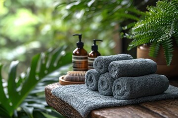 Spa day relaxation scene, natural tones, Fluffy towels and natural products set a tranquil spa scene, spa still life with towel and soap - obrazy, fototapety, plakaty