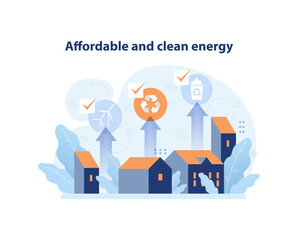 SDG or sustainable development goal. Affordable and clean energy. Sustainable electricity consumption. Power generation source. Solar, water, wind battery. Flat vector illustration