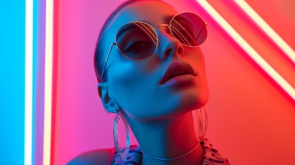 Fashionable Woman in Sunglasses Poses in Front of Neon Wall
