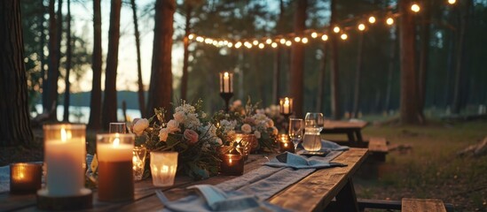 Fototapeta na wymiar Outdoor wedding reception in pine forest. Boho-style decorated dining area with candles, flowers, and lights. Eco-friendly floral arrangements.